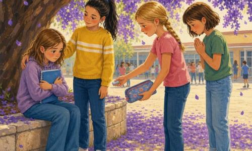 Quatro meninas de 10 anos: Ana — cabelos castanho-claro médio, olhar tímido, sentada num muro à esquerda com um caderno azul junto ao peito, encolhida; Beatriz — cabelo preto em rabo-de-cavalo, sorriso suave e mão apoiada no ombro de Ana, postura direita e protetora; Rita — cabelo loiro em trança, rosto corado, de pé à direita com uma borracha e um estojo oferecidos a Ana, olhar baixo em gesto de desculpa; Lara — cabelo castanho curto, de pé atrás de Rita, mãos juntas e olhar para o chão, hesitante. Local: abaixo de um grande jacarandá florido de tom violeta profundo, pétalas caindo no chão, muro de pedra clara para sentar, chão de cascalho com pequenos detalhes, ao fundo uma escola com crianças desfocadas. Cena de reconciliação: luz suave filtrada pelas folhas, expressões de vergonha, arrependimento, apoio e alívio, gestos de perdão visíveis (objetos devolvidos, mão no ombro), composição central e acolhedora, cores quentes, contraste suave, estilo pintura acrílica texturizada com pinceladas visíveis.