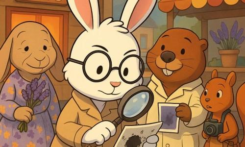 Un pequeño conejo detective blanco de pelaje esponjoso y gafas redondas examina con una gran lupa una foto rasgada y manchada de tinta; un castor fotógrafo regordete con bata crema sostiene una foto revelada medio enrollada junto a una mesa de laboratorio; una vieja liebre abuela de orejas caídas, vestido floreado y ramo de lavanda sonríe y se sitúa ligeramente atrás; una ardilla ágil con una pequeña cámara al cuello y bolsa de bellotas, inquieta pero dispuesta a ayudar, mira desde un banco de madera; la escena ocurre en la plaza del pueblo con adoquines redondeados, bancos, un pequeño laboratorio fotográfico de madera con ventana luminosa, puestos de mercado y macetas de lavanda; el conejo inspecciona la foto manchada y las pequeñas fibras de lavanda con su lupa mientras los amigos se reúnen para reconstruir el recuerdo.