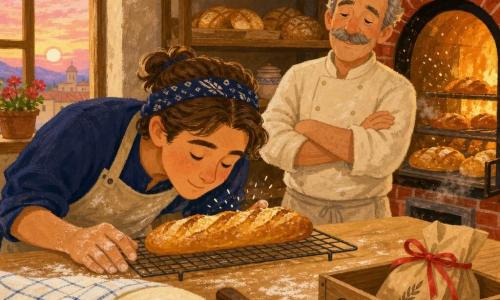 Tomás, joven adulto, escucha la corteza de una baguette sobre una rejilla, rostro sereno y maravillado, manos enharinadas, pelo castaño recogido con una cinta, delantal beige con harina; Don Lino, hombre de unos 60 años, sonrisa dulce, bigote gris, chaqueta de panadero color crudo, detrás de Tomás con los brazos cruzados y mirada benevolente junto al horno abierto; sobre la mesa de madera clara, una gran masa cubierta con un paño a cuadros blanco y azul, un cuchillo dentado y una caja de madera marcada Para compartir con un papel y lazo rojo; horno de ladrillo rojo abierto, luz dorada que ilumina bandejas de panes dorados, vapor y migas; ambiente de panadería acogedora con paredes algo enharinadas, estantes de madera llenos de panes y baguettes y una ventana que muestra un cielo rosado de amanecer; situación: momento íntimo y silencioso en que Tomás escucha la baguette que cruje mientras Don Lino lo observa orgulloso, evocando calidez, ternura y trabajo compartido.