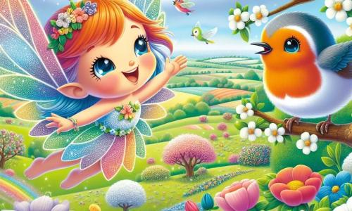 Floria, een kleine fee met glinsterende vleugels in regenboogkleuren, vliegt vrolijk boven een veld vol stralende bloemen, met een grote glimlach op haar gezicht, verwonderd door de schoonheid van de lente. Naast haar zit een roodborstje met levendige veren en een sprankelende blik, dat enthousiast zijn nest bouwt, zittend op een tak, vrolijk zingend. Op de achtergrond is er een uitgestrekt veld vol kleurrijke bloemen, met bloeiende bomen en een heldere blauwe lucht bezaaid met donzige witte wolken, wat een vrolijke en lentachtige sfeer creëert. De scène toont Floria en het roodborstje die samen de komst van het seizoen vieren, omringd door de magie en het leven dat in de natuur weer tot leven komt.