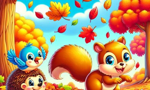 Ein kleines, goldbraun gefärbtes Eichhörnchen mit großen, strahlenden Augen hüpft fröhlich über einen Teppich aus buntem Herbstlaub: rot, orange und gelb. Neben ihm sammelt ein kleiner Igel mit weichen, runden Stacheln und einem glücklichen Lächeln Blätter für sein gemütliches Nest. Ein leuchtend blauer Vogel, der auf einem Ast sitzt, singt fröhlich, während sein glänzendes Gefieder in der Sonne funkelt. Die Szenerie ist ein Herbstpark mit großen, robusten Bäumen, deren Äste mit bunten Blättern beladen sind. Der Boden ist mit einer dicken Schicht knisterndem Laub bedeckt, und der Himmel strahlt in hellem Blau, durchzogen von flauschigen weißen Wolken. Die Freunde haben Spaß, indem sie in die Blätter springen, lachen und zusammen spielen, was eine fröhliche und warme Atmosphäre voller Leben und Farben schafft.