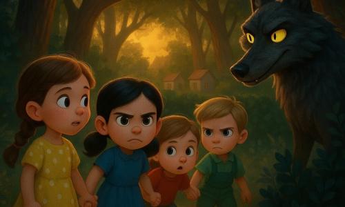 Ci sono 5 personaggi: Sofia, 8 anni, capelli castani in treccia, vestito giallo a pois, in primo piano a sinistra che tiene la mano di Lucia e guarda il lupo con coraggio; Marta, 8 anni, capelli biondi corti, salopette verde, a destra di Sofia in posizione vigilante; Giulia, 8 anni, capelli castano chiaro in coda, maglietta rossa, al centro trattenuta da Lucia; Lucia, 8 anni, capelli neri in codini, vestito blu, tra Sofia e Giulia con espressione protettiva; il lupo maschio grande e magro, pelliccia grigio scuro, occhi gialli brillanti, denti visibili ma non eccessivamente aggressivi, nascosto tra i cespugli a destra. Ambientazione: bordo della foresta al crepuscolo con sentiero stretto color ocra, erbe alte e felci, tronchi ruvidi, apertura luminosa che mostra case di pietra con tetti rossi in lontananza e luce dorata che filtra tra le foglie; piccole fioriture in primo piano. Situazione: incontro teso sul sentiero, quattro ragazze unite tengono le mani rivolte al lupo che le tenta; composizione centrale, profondità marcata, colori caldi, textures dettagliate; stile 3D morbido, forme arrotondate, illuminazione cinematografica, atmosfera sicura ma misteriosa.