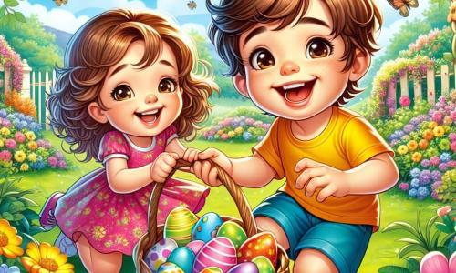 Un ragazzo di 5 anni, Luca, con capelli castani disordinati e occhi scintillanti di gioia, è al centro dell'immagine, sorridendo ampiamente mentre tiene un grande cesto pieno di ovetti di cioccolato colorati. Indossa una maglietta gialla e un pantaloncino blu, accovacciato nel giardino, pronto a cercare uova. Accanto a lui, la sua migliore amica Sara, una ragazza di 6 anni con capelli ricci e un vestito rosa a fiori, lo incoraggia con un grande sorriso, indicando un uovo nascosto dietro a un fiore, con gli occhi brillanti di eccitazione. Sullo sfondo, il giardino è pieno di fiori colorati, alberi verdi e un cielo blu chiaro, creando un'atmosfera gioiosa e primaverile. La scena principale mostra Luca e Sara in piena caccia alle uova di Pasqua, circondati da amici che cercano uova nascoste, tutti ridendo e divertendosi insieme in questo ambiente incantevole.