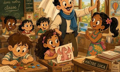 Un uomo, il maestro Luca, sorridente e benevolo, viso rotondo con sottile baffo, sciarpa blu, camicia chiara e gilet, apre una grande finestra di legno e guarda i suoi alunni con aria caldo rassicurante; una bambina, Omar, circa 7 anni, pelle abbronzata, capelli raccolti in coda, vestito colorato a motivo tropicale, mostra una piccola foto di spiaggia vicino al maestro in primo piano; un bambino, Matteo, circa 7 anni, capelli castani spettinati, sguardo concentrato e un po' preoccupato, tiene dei sassolini di plastica sul palmo per contare, seduto a sinistra del maestro; una bambina, Sofia, 6–7 anni, capelli ricci e occhi vivaci, ride tenendo il disegno di un drago rosa, seduta al centro; aula luminosa con grandi finestre aperte e tende leggere, lavagne con gesso, bandierine colorate, mappe e disegni alle pareti, pile di carte e cestini di materiale; scena principale: il maestro apre la finestra per far entrare aria fresca mentre ascolta e guida i bambini che gli mostrano disegni e oggetti, atmosfera gioiosa, calda e attenta, colori pastello saturi, segni arrotondati ed espressivi, texture di carta e legno visibili.