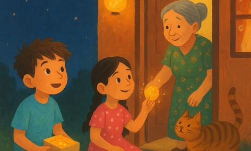 Hay tres personajes: Pablo, niño de 8 años con pelo castaño alborotado, camiseta azul claro y pantalón beige corto, sentado a la izquierda con una pequeña caja de galletas luminosa sobre las piernas y mirada maravillada hacia la vecina; Lía, niña de 8 años con el pelo negro en dos trenzas y vestido rosa con lunares blancos, sentada a la derecha, ofreciendo una galleta luminosa hacia la puerta con sonrisa dulce; y la Señora Rosa, mujer de unos 70 años con vestido verde de flores y el pelo gris recogido en moño, en el umbral iluminado recibiendo la galleta con expresión enternecida, mientras el gato Bigote, grande y atigrado, se frota contra su pierna. El lugar es un jardín nocturno frente a una casita del barrio: césped, una manta de cuadros sobre la hierba, una pequeña caja de cartón abierta, un farolillo colgando del porche que emite una luz cálida anaranjada, ventanas con cortinas y un cielo crepuscular azul profundo con estrellas. Situación: dos niños entregan una galleta luminosa a la vecina en el umbral; escena tranquila y tierna con colores cálidos, trazos suaves, textura de gouache visible y pequeñas chispas doradas alrededor de la galleta que crean una atmósfera nocturna apacible.