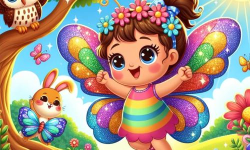 Una piccola farfalla colorata, con ali brillanti dalle sfumature arcobaleno, si trova al centro dell'immagine, mostrando un'espressione di gioia e determinazione. È circondata da fiori vivaci e da un cielo blu soleggiato, mentre si prepara a danzare attorno a una foglia dorata scintillante appesa a un albero maestoso. A destra, un saggio gufo dalle piume brune e dai grandi occhi rotondi osserva con un sorriso benevolo, pronto a offrire consigli. A sinistra, un piccolo coniglio dalle lunghe orecchie e dagli occhi scintillanti salta con entusiasmo, esprimendo una gioia contagiosa. Il decor è un magnifico boschetto verde, pieno di fiori multicolori, con un ruscello scintillante che serpeggia attraverso il paesaggio e raggi di sole che filtrano tra le foglie degli alberi. La scena principale mostra la farfalla, circondata dai suoi amici, che celebra la sua guarigione e la forza ritrovata, pronta ad affrontare nuove avventure con il supporto dei suoi compagni.