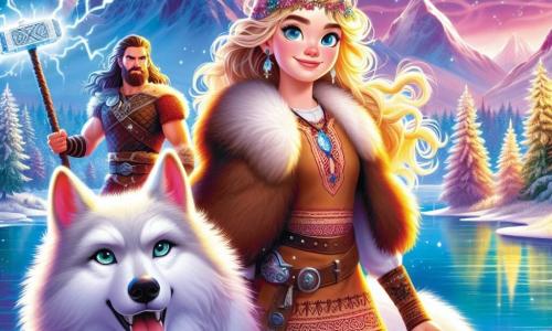 Freya, una joven de largos cabellos dorados, está de pie al borde de un lago helado, su rostro iluminado por una sonrisa de determinación y asombro. Lleva una túnica de piel marrón, adornada con motivos vikingos, y sus ojos brillan de emoción. A su lado, Fenrir, el lobo gigante de pelaje blanco, la mira con ojos tiernos y protectores, su gran figura se recorta contra el paisaje. Detrás de ellos, Thor, el dios del trueno, es un hombre musculoso de unos treinta años, con una larga barba roja y un martillo brillante en la mano. Se muestra seguro, listo para guiar a Freya en su aventura, mientras relámpagos iluminan el cielo sobre él. El escenario es un paisaje nórdico encantador: montañas majestuosas cubiertas de nieve, árboles con ramas llenas de escarcha y un cielo estrellado donde bailan auroras boreales coloridas. La escena principal muestra a Freya, llena de valor, lista para embarcarse en una aventura épica junto a Fenrir y Thor, mientras contemplan el camino que les espera, lleno de misterios y maravillas.