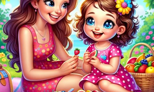 Uma menina de 4 anos, Lila, com grandes olhos brilhantes e cabelos cacheados, sorri alegremente enquanto segura um pedaço de fruta colorida na mão. Ela usa um vestido rosa com bolinhas e sandálias amarelas, sentada em uma toalha de piquenique. Ao lado dela, sua mãe, uma mulher de cerca de 30 anos, com cabelos longos e castanhos, sorri ternamente enquanto prepara uma salada de frutas. Elas estão cercadas por flores vibrantes e borboletas voando em um jardim ensolarado, onde a grama é de um verde intenso. A cena principal mostra Lila e sua mãe compartilhando um momento feliz, rindo juntas enquanto desfrutam de seu piquenique colorido, ilustrando a magia dos pequenos prazeres da vida apesar dos desafios.