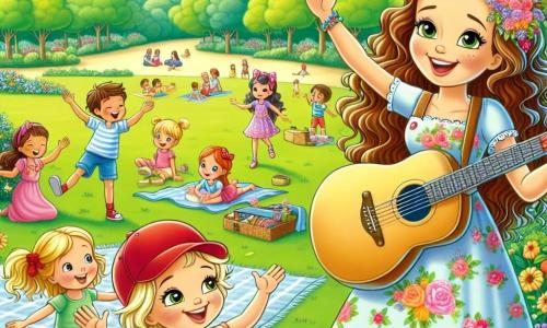 Een blije vrouw, Lila, staat in het midden van een zonnig park, met lange, krullende haren en een stralende glimlach. Ze draagt een kleurrijke jurk met bloemmotieven en speelt gitaar, haar ogen stralend van blijdschap terwijl ze zingt voor de kinderen om haar heen. Een 8-jarige jongen met een rode pet danst enthousiast links van haar, zijn armen in de lucht, terwijl een 6-jarig meisje met een grote strik in haar haar rechts van haar staat, klappend op de maat van de muziek. Het park is vol groen, met majestueuze bomen, kleurrijke bloemen en kinderen die op het gras spelen. In de verte ontspannen gezinnen op dekens en genieten van de mooie dag. De hoofdscène toont Lila die een vrolijk lied zingt over de geneugten van de zomer, omringd door kinderen die aandachtig luisteren en meezingen en dansen, wat een sfeer van blijdschap en saamhorigheid creëert.