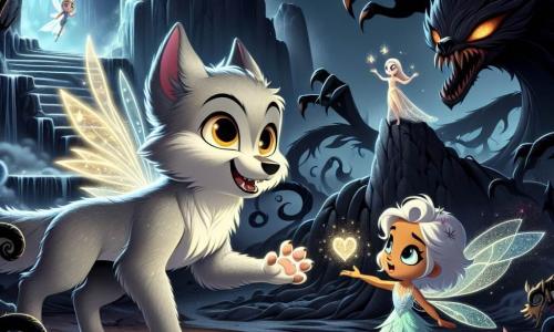 En un claroscuro encantador, un pequeño lobo llamado Luno, con ojos brillantes como estrellas y pelaje plateado, se encuentra valientemente en el centro de la escena. Su expresión es decidida, con un destello de esperanza en la mirada, mientras empuña un talismán luminoso en forma de corazón, listo para enfrentar el mal. A su lado, una pequeña hada con alas brillantes, vestida con un vestido de pétalos de flores, flota en el aire. Su rostro es radiante, expresando confianza y aliento, mientras extiende la mano hacia Luno, como para darle poder. Al fondo, una cueva oscura y amenazante, rodeada de serpientes de humo negro, se alza sobre una montaña escarpada. Los árboles circundantes son retorcidos y sombríos, creando una atmósfera mágica y inquietante. La situación principal muestra a Luno, el pequeño lobo, desafiando al malvado Malagor, un gran hechicero de ojos penetrantes y silueta oscura, que emerge de las sombras con una expresión de ira. Luno, con su talismán brillante, se prepara para liberar la luz y restaurar la paz en el bosque.