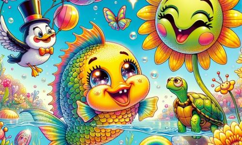 Un pequeño pez llamado Pipo, con escamas brillantes que cambian de color, nada alegremente en un lago mágico, sus ojos brillando de curiosidad y felicidad. Está rodeado de flores gigantes con caras sonrientes, incluyendo una flor amarilla llamada Risiflora, que tiene cara de payaso y ríe a carcajadas, balanceándose con el viento. Cerca, un elegante pato con un sombrero de copa, Don Pato, baila torpemente, su expresión llena de alegría y entusiasmo, mientras una tortuga canta con pasión, sus ojos cerrados, perdida en la melodía. El lago está lleno de flores coloridas, burbujas brillantes y deliciosos caramelos flotando en el aire, creando una atmósfera lúdica y absurda. La escena principal muestra a Pipo nadando como si volara, mientras todos los personajes ríen y se divierten a su alrededor, celebrando una fiesta llena de colores y alegría.