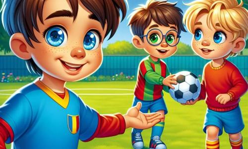 Un băiat de 8 ani, Andrei, cu părul castaniu și ochii strălucind de bucurie, stă în centrul unui teren de fotbal verde. Poartă un tricou albastru aprins și o pereche de pantaloni scurți roșii, zâmbind larg în timp ce întinde mâna spre un alt băiat. La dreapta lui, Radu, un băiat de 8 ani de origine română, cu părul șaten deschis și ochelari, îl privește pe Andrei cu un zâmbet timid, purtând un tricou verde. El driblează o minge de fotbal, având ochii strălucind de entuziasm. La stânga, Alex, un băiat de 8 ani cu părul blond și pistrui, poartă un tricou roșu și pare ezitant, dar curios, observându-l pe Radu cu un amestec de admirație și invidie, pregătit să se alăture jocului. Fundalul este un parc însorit, înconjurat de copaci verzi și flori colorate, cu un cer albastru deschis și câțiva nori pufoși albi. Situația principală îl arată pe Andrei încurajându-l pe Radu să joace fotbal cu ei, ilustrând un moment de toleranță și prietenie, unde diferențele sunt celebrate și fiecare este acceptat pentru cine este.