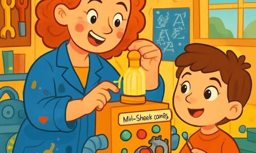 In a magical and colorful workshop, a woman with curly red hair, Ms. Emily Sparks, smiles enthusiastically, her eyes sparkling with joy as she adjusts a shiny gadget. She wears a blue work apron covered in paint and grease stains, surrounded by various sparkling tools. Next to her, an eight-year-old boy, Sam, with brown hair and curious eyes, watches in amazement, holding a small screwdriver in his hands. He stands on tiptoe, eager to help, his face lit up with excitement. The workshop is filled with buzzing machines, shining metal parts, and colorful plans hanging on the walls. Shelves overflow with invention books and strange prototypes, while a window lets in sunlight, brightening the space with vivid colors. The scene shows Ms. Sparks and Sam working together on the Auto-Snack-o-Matic, a fun machine with colorful buttons and moving gears, as they try to get their invention to prepare delicious snacks.