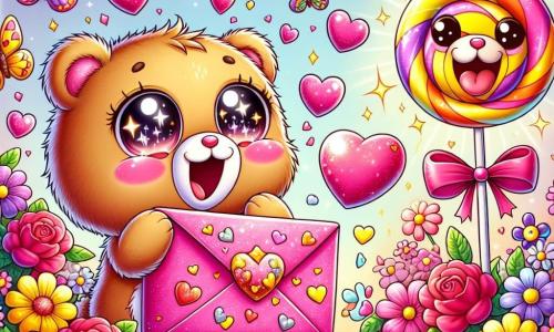 An illustration depicts a small pink envelope with sparkling hearts, expressing great joy and overflowing excitement. It is jumping in the air, its little paws up, with stars in its eyes. Beside it, a brown teddy bear with gentle eyes and a warm smile looks on with admiration, arms open as if to encourage it. A colorful, shiny lollipop swirls enthusiastically just behind, its bright colors lighting up its joyful face. The main setting is an enchanting garden filled with multicolored flowers, red roses, yellow daisies, and purple violets, all bathed in the golden light of the setting sun. Butterflies dance around the flowers, adding a touch of magic to the atmosphere. The main scene shows the envelope and its friends discovering a magical heart floating on a pond, their faces lit up with wonder and excitement. Additional graphic elements include colorful Valentine's cards scattered around them, sparkling glitter in the air, and a pastel sky filled with soft, rounded clouds, creating a joyful and festive ambiance.
