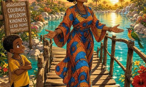 Adisa is an elderly woman with a gentle, wise, wrinkled face, bright eyes and a serene smile, joyfully walking with open hands across an old nailed wooden plank bridge toward a sunlit oasis; she wears a long colorful orange-and-blue wax-patterned dress, her hair braided in a crown and sandals worn, while an ~8-year-old village boy stands at the bridge entrance, arms crossed and admiring her, and a small lively green-winged bird perches on the railing beside her; the oasis has glass-clear water, smooth white pebbles, palm trees and emerald shrubs, red and yellow flowers along the banks, striped shadows under the slightly curved bridge, warm golden evening light with shimmering reflections, composition focused on Adisa’s movement, in a childlike manga style with soft lines, vivid contrasting colors and exaggerated friendly expressions.