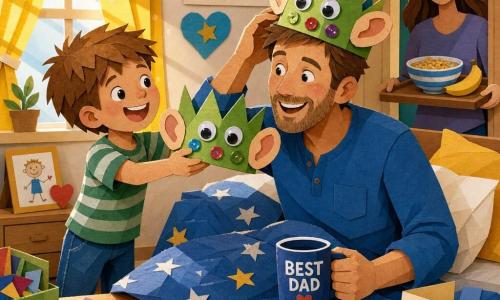 A 6-year-old boy with bright eyes, an enthusiastic smile and short messy brown hair proudly holds a green paper crown with shiny buttons, googly eyes and large cut ears, standing by the bed to show it; a ~35-year-old father with light beard, fair skin and laughing eyes wears the crown slightly askew, sitting on the bed in a blue shirt and tenderly laughing while holding a coffee mug on the duvet; a ~33-year-old mother with long brown hair smiles from the doorway holding a tray with a bowl of cereal and a banana, watching proudly; morning light casts yellow sun stripes on the curtains, the bed has a star-pattern duvet, the floor is light wood and paper and glitter are scattered; the main scene shows the boy offering the handmade crown to the surprised, happy father in a joyful, slightly awkward gesture, the three gathered for Father’s Day in a warm atmosphere with bright colors, visible paper-cut textures, sharp outlines and soft shadows.