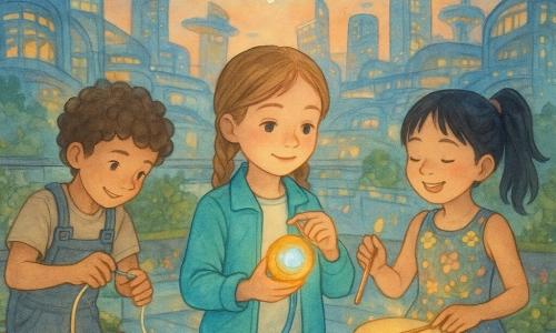 Há três crianças: Aurora, 9 anos, tranças castanho‑claro e jaqueta turquesa, no centro segurando um aparelho luminoso que dirige a melodia; Léo, 9 anos, cabelo curto encaracolado e macacão cinza com bolsos de ferramentas à esquerda, ajusta um cabo brilhante e sorri; Mina, 9 anos, rabo de cavalo preto e vestido colorido com pequenas flores luminosas à direita, toca suavemente um tambor de bambu e segura pétalas fosforescentes. Elas estão num amplo terraço de vidro e madeira com jardineiras luminosas, vista para uma cidade futurista de prédios curvos de vidro e metal, passarelas suspensas e plataformas-jardim flutuantes sob luzes laranja e azul. As três compõem uma melodia que faz a cidade brilhar: Aurora ativa o aparelho que envia ondas de luz, Léo conecta um cabo cintilante e Mina marca o ritmo; janelas e painéis respondem com notas visuais e formas coloridas que ondulam como uma partitura viva.