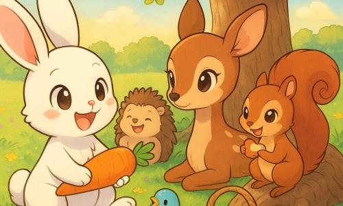 A small white rabbit named Benny, fluffy fur and pink ears, sits in the foreground offering a large orange carrot to friends; a young doe called Daisy, manga-style with cream spots, sits beside him holding a wicker basket of colorful cookies; a red squirrel named Squeaky with a bushy spiral tail perches on a tree root to the right nibbling an apple slice; other cute round animals (a hedgehog, a blue bird) form a semicircle behind, laughing and reaching for snacks; a green meadow dotted with yellow and purple flowers and a large oak with a wide trunk stands behind, golden sunset light filtering through the leaves; the scene shows sharing and friendship, all the animals seated together under the tree exchanging treats, warm smiles, calm luminous atmosphere, pastel colors and crisp manga-style outlines.