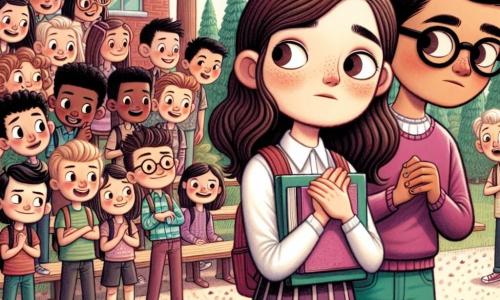 Una ragazza di 12 anni, Sofia, si trova al centro dell'immagine, con lunghi capelli castani e occhi curiosi. Ha un'espressione determinata ma leggermente preoccupata, tenendo un libro tra le mani, pronta a parlare. Accanto a lei, Marco, un ragazzo di 12 anni con capelli corti e occhiali, guarda Sofia con uno sguardo riconoscente, mostrando di sentirsi supportato. Sullo sfondo, un gruppo di compagni di classe, ragazzi e ragazze tra gli 11 e i 13 anni, si tiene a distanza, alcuni con espressioni beffarde, altri curiosi, illustrando la tensione della scena. L'ambientazione è nel cortile della scuola, circondato da grandi alberi verdi e un muro di mattoni colorati, con panchine di legno dove altri studenti giocano. Il terreno è coperto di ghiaia, e alcuni disegni a gesso colorato decorano il suolo, aggiungendo un tocco gioioso all'ambiente. La situazione principale mostra Sofia che trova il coraggio di difendere Marco contro il bullismo, pronta a rivolgersi ai suoi compagni di classe per mettere fine alle prese in giro, simboleggiando così l'importanza dell'amicizia e del supporto di fronte al bullying.