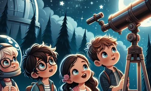 Cuatro niños están bajo un cielo estrellado, maravillados por un gran telescopio. Alex, un niño de 10 años con cabello castaño desordenado y gafas, mira a través del telescopio, con los ojos llenos de curiosidad. A su derecha, Sofía, una niña de 9 años con cabello largo y rizado, lleva una gorra de astronauta y toma notas en un cuaderno, con el rostro iluminado por la luz de las estrellas. Julián, un niño de 10 años con cabello rubio y una sonrisa traviesa, señala al cielo, mostrando una estrella brillante a Marta, una niña de 8 años con cabello castaño y gafas rosas, que lo escucha atentamente, con las manos en las caderas. Están en un observatorio espacial en una colina, rodeado de grandes árboles oscuros, con una cúpula de vidrio que revela un cielo nocturno lleno de estrellas brillantes y un gran planeta misterioso. Los niños descubren un mensaje luminoso de una estrella lejana, con rostros radiantes de emoción mientras se preparan para descifrar el mensaje de una civilización extraterrestre.
