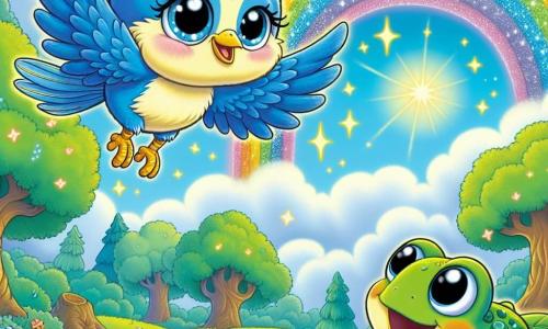 In the center of the image, a small bluebird named Bella, with bright blue feathers and a vivid yellow belly, joyfully flies in the sky. Her eyes sparkle with excitement as she follows a beautiful rainbow shimmering above her. Next to her, a green frog named Freddy, with big round eyes and a joyful smile, jumps on a floating leaf. He looks at Bella with admiration, his hind legs folded, ready to leap. In the background, an enchanted forest stretches out, with thick-trunked trees and vibrant green leaves, while colorful flowers dance in the breeze. The sky is azure blue, dotted with fluffy clouds and twinkling stars beginning to appear. The main scene shows Bella and Freddy, in awe, discovering the end of the rainbow, where a pot of golden seeds shines in the sunlight. They are surrounded by magic and adventure, ready to share their treasure with their beloved forest.