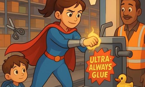 A smiling but focused female superhero in her 30s with brown ponytail, red flowing cape, blue suit and sturdy boots holds her left wrist to a large sorting machine as her silver Wonder-Wrist Whizzer emits a small halo of warm golden vapor to soften a huge shiny sticker reading 