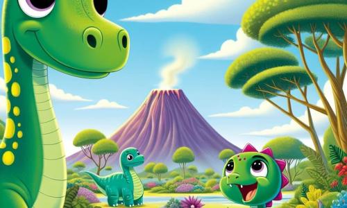 Dippy, el diplodocus, es un gran dinosaurio de largo cuello, con piel verde y manchas amarillas. Tiene una expresión de preocupación en su rostro, con sus grandes ojos redondos mirando el horizonte. Se sostiene en sus patas traseras, listo para proteger a su familia. A su lado, Lila, su hermanita, es un dinosaurio más pequeño, de color rosa brillante y ojos llenos de curiosidad. Salta alegremente, sosteniendo una hoja en su pequeña pata, llena de energía. En el fondo, se ve a su mamá, una diplodocus de mirada dulce, que los observa con una sonrisa reconfortante. El escenario es un hermoso paisaje prehistórico, con árboles gigantes de hojas exuberantes, flores coloridas y un cielo azul salpicado de nubes blancas. A lo lejos, el volcán Rumbletop se alza majestuosamente, con un ligero humo saliendo de su cima, añadiendo un toque de misterio a la escena. La situación principal muestra a Dippy y su familia discutiendo la posibilidad de una erupción volcánica, mientras que Lila, llena de entusiasmo, propone ir a la aventura para encontrar un nuevo lugar donde vivir.