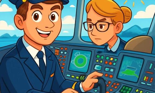Un piloto hombre, de unos treinta años, con cabello castaño y ojos brillantes, lleva un impecable uniforme azul marino. Muestra una sonrisa confiada y decidida mientras se encuentra en la cabina de un avión, rodeado de botones luminosos y pantallas centelleantes. A su lado, una copiloto mujer, de unos 28 años, con el cabello rubio recogido en un moño y gafas, observa atentamente los instrumentos, mostrando una expresión concentrada y profesional. La cabina está llena de luz, con grandes ventanas que ofrecen una vista espectacular de un cielo azul salpicado de nubes blancas y un sol radiante. En el fondo, se ven montañas lejanas y un océano brillante. La situación principal muestra al piloto maniobrando hábilmente el avión a través de turbulencias, con nubes oscuras debajo, mientras mantiene la calma y la determinación, listo para superar todos los desafíos del cielo.
