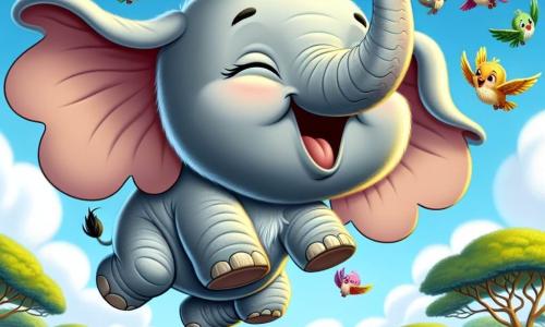 Ein fröhlicher Elefant namens Elmar mit großen, weichen Ohren und einem lachenden Rüssel schwebt in die Luft, mit einem erstaunten Lächeln im Gesicht. Sein Körper ist hellgrau und seine Augen strahlen vor Glück. In der Nähe fliegt eine Gruppe kleiner, bunter Vögel mit leuchtenden Federn um ihn herum, singt fröhlich und applaudiert seinem Flug. Sie sind klein und leicht, mit gelben Schnäbeln und bunten Flügeln. Die Kulisse ist eine wunderschöne, weite Waldlandschaft, gefüllt mit majestätischen Bäumen mit leuchtend grünen Blättern, bunten Blumen und einem hellblauen Himmel, der mit flauschigen weißen Wolken übersät ist. Die Szene zeigt Elmar, der fröhlich in der Luft schwebt, umgeben von seinen Vogel-Freunden, die alle seine unglaubliche Fähigkeit zu fliegen feiern, dank einer geheimnisvollen, glänzenden goldenen Feder, die in seinem Rüssel funkelt.