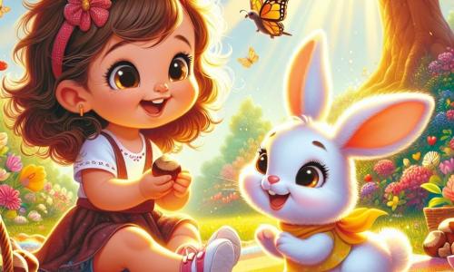 Una bambina di 2 anni, con grandi occhi brillanti e capelli ricci castani, è seduta su una coperta colorata in un giardino soleggiato. Sorride con meraviglia, tenendo un pugno di noccioline nelle sue piccole mani. Accanto a lei, un adorabile coniglio bianco di nome Piuma, con grandi orecchie e un pelo setoso, salta felicemente, i suoi occhi brillano di malizia. Il giardino è pieno di fiori colorati, farfalle che svolazzano e un grande albero con rami estesi, sotto il quale si svolge il loro picnic. La scena è immersa in una dolce luce dorata, creando un'atmosfera calda e gioiosa. Mia e Piuma condividono noccioline con un piccolo uccellino, che si avvicina curiosamente, le ali spiegate, pronto a cantare. Ridono insieme, creando un momento magico di amicizia e felicità in questo incantevole scenario.