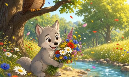 Un piccolo lupetto grigio chiaro dal pelo soffice, occhi grandi e lucenti e sorriso curioso tiene un grosso mazzo di fiori di campo accovacciato sulla riva di un ruscello scintillante; è gioioso ma leggermente sorpreso e alcuni petali volteggiano nell'aria; un vecchio gufo bruno dalle piume morbide e dagli occhi saggi è posato su un basso ramo di una grande quercia, lo osserva con benevolenza inclinando leggermente la testa; la scena è una radura estiva illuminata da luce dorata, con erba alta, margherite, papaveri e fiordalisi, acqua chiara e rive sabbiose, atmosfera calda, colorata e tranquilla con una lieve brezza; situazione principale: il lupetto raccoglie fiori mostrando meraviglia e orgoglio mentre il gufo lo osserva gentilmente.