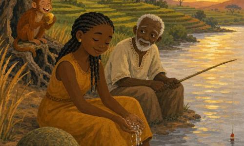 Amara, donna dai tratti sereni e pelle bruna profonda, capelli neri intrecciati e vestito ocra semplice, è seduta sulla riva di un ampio fiume argentato facendo scorrere l’acqua tra le mani; accanto a lei un vecchio saggio di circa 70 anni, pelle scura e barba bianca corta, la guarda con benevolenza mentre pesca; ai loro piedi una vecchia tartaruga dalla corazza verde-bruna e, su una radice dietro di loro, una piccola scimmietta femmina dal pelo rossiccio che tiene un frutto ridendo; sullo sfondo risaie a terrazze verdi, erbe alte dorate e acacie stilizzate al tramonto con riflessi dorati sull’acqua, atmosfera dolce e pacifica, colori caldi e texture a gouache, tratti semplici e amichevoli adatti ai bambini.