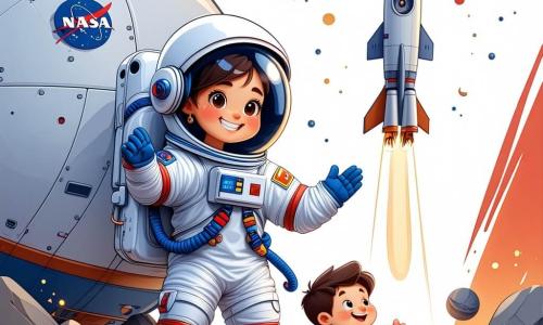 Eine Astronautin, Mia, mit einem breiten Lächeln und funkelnden Augen, trägt einen eleganten, bunten silbernen Raumanzug mit blauen Details. Sie steht vor einer riesigen Rakete und hebt begeistert die Arme, bereit für den Flug nach Mars. Neben ihr steht ein etwa 8-jähriger Junge mit zerzausten braunen Haaren, der sie bewundernd mit weit aufgerissenen Augen anblickt. Er trägt ein T-Shirt mit einer gezeichneten Rakete und hält ein kleines Raketenmodell in den Händen. Hinter ihnen versammelt sich eine Gruppe von Kindern im Alter von 6 bis 10 Jahren, die mit staunenden Gesichtsausdrücken um Mia stehen, einige zeigen auf die Rakete, während andere lächelnd miteinander sprechen. Der Ort ist ein großer Startplatz mit einer glänzenden silbernen Rakete, die unter der Sonne strahlt, umgeben von flauschigen weißen Wolken in einem strahlend blauen Himmel. Kontrollpanels und Raumfahrtgeräte sind im Hintergrund sichtbar und verleihen der Umgebung einen technologischen Touch. Mia erklärt den Kindern, wie sie zum Mars reisen wird und fesselt sie mit ihren Geschichten über interstellare Abenteuer, während sie davon träumen, selbst Astronauten zu werden.