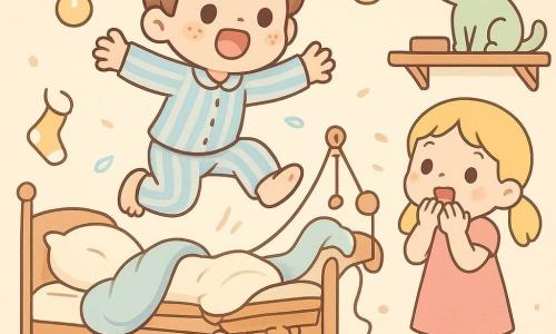 Oliver, a round-faced freckled boy with messy brown hair, mid-jump above a laundry basket with arms outstretched in a striped pajama, surprised and delighted; Daisy, about 10, blonde pigtails, hands to her mouth, leaning toward him; Pickles, a small chubby pale-green stylized cat on a shelf watching curiously; a cozy messy workshop-bedroom where the bed is converted into a makeshift tilting machine with visible springs, ropes and wooden pulleys, round-bulb lamps, scattered comics, socks hanging from the ceiling, an overturned paint pot, cushions and blanket swirling and small objects floating around; colorful, bright pastel tones and soft lighting; graphic style with thick rounded lines, simple shapes and light textures.