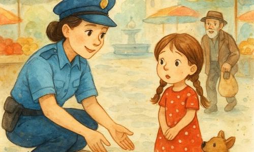 Policjantka w średnim wieku, łagodny uśmiech i uważne spojrzenie, w jasnoniebieskim mundurze z czapką, kuca przy małym portfelu na drewnianej ławce, sięgając po niego; około 6‑letnia Ola, kasztanowe włosy w dwóch warkoczach, czerwona sukienka w białe kropki, stoi blisko ławki z zaciśniętymi dłońmi, zdziwiona i ciekawa; starszy mężczyzna Pan Jan, ok. 70 lat, siwa broda i brązowy kapelusz, idzie w ich stronę z ulgą i wdzięcznością, trzymając płócienną torbę; mały pies Rufus, jasnobrązowy, merdający ogonem, siedzi przy ławce; miejsce: poranny wiejski targ ze stoiskami pełnymi czerwonych i żółtych jabłek, kolorowymi parasolami, nierówną brukowaną nawierzchnią i fontanną w tle; główna scena: znalezienie portfela na ławce, ciepła, spokojna atmosfera, gesty pomocy i bezpieczeństwa, pastelowe barwy z żywszymi akcentami owoców i ubrań.