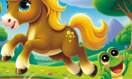 Un magnifico cavallo di nome Rocco, con una criniera dorata e occhi scintillanti di curiosità, salta gioiosamente vicino a un piccolo specchio d'acqua, la sua espressione piena di meraviglia e determinazione. Accanto a lui, una piccola rana verde, con grandi occhi rotondi, lo incoraggia sorridendo, appollaiata su una pietra a bordo dell'acqua. Il paesaggio è una prateria verdeggiante, punteggiata di fiori colorati, con alberi maestosi sullo sfondo e un cielo blu splendente. Al centro della scena, Rocco, in pieno salto, sembra pronto a toccare le nuvole, mentre la rana lo osserva con ammirazione, creando un'atmosfera magica e gioiosa.