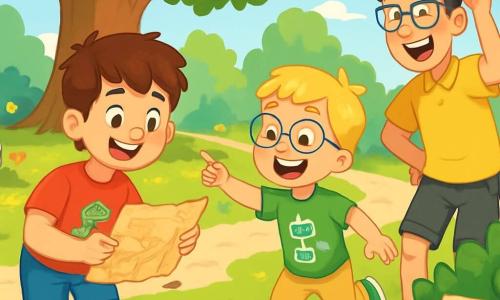 There are 4 characters: Max, an 8-year-old boy with messy brown hair and sparkling eyes, wearing a red t-shirt with a dinosaur and blue shorts. He is standing, smiling, holding a treasure map. Leo, a 7-year-old boy with blonde hair and round glasses, wearing a green t-shirt with a robot and beige pants, is next to Max, bouncing with excitement, showing a clue hidden behind a bush. Mr. Brown, Max's dad, is about 35, with brown hair and a light beard, wearing a blue plaid shirt and jeans, squatting down, examining the treasure map with an amused smile. Mr. Green, Leo's dad, is around 36, with black hair and glasses, wearing a yellow t-shirt and gray shorts, standing and laughing while holding a funny hat that Max gave him. The setting is a lush park filled with majestic trees and colorful flowers, with a large oak tree in the center providing shade. Sun rays filter through the leaves, illuminating the grassy ground, and a small gravel path winds through the park, accompanied by children's laughter in the background. The main scene shows the two boys and their dads on a treasure hunt, with Max and Leo excitedly showing their clues while their dads follow with joyful smiles. The atmosphere is festive and full of laughter, with colorful gifts hidden behind bushes and under benches.