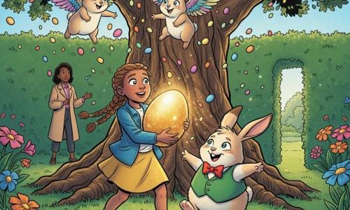 A 12-year-old girl, amazed with wide bright eyes and light brown braided hair, wearing a blue jacket and yellow skirt, holds a large sparkling golden egg against her chest; beside her a small round anthropomorphic rabbit named Thistle with cream fur, a green vest and red bow tie grins and points at the egg, while three colorful winged rabbits with iridescent feathers fly overhead throwing egg-shaped confetti. In the background the girl's relieved mother in a beige coat stands by an open trimmed hedge watching tenderly. The scene is a secret garden with emerald grass, oversized pink, blue and orange flowers, a massive gnarled-root oak and a hedged passage of light; the girl discovers the egg at the foot of the oak as golden magic light emanates from it, creating a joyful, fairy-tale atmosphere in saturated colors, comic style with thick black outlines and soft shadows.