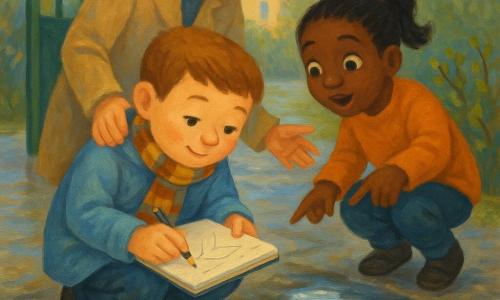 An 8-year-old boy with a round face and short light brown hair, knees slightly dirty, is crouched at the edge of a small puddle drawing carefully in a notebook with a pencil; behind him stands his mother, about 35, brown hair tied back, wearing a beige coat and smiling gently with a hand near his shoulder; to the boy’s right a girl of about 8 with black hair in a ponytail crouches, pointing at a small yellow leaf floating like a boat on the puddle; the midwide view focuses on the puddle reflecting a pearl-gray sky, sparkling droplets, and the boy sketching, with visible thick paint texture and soft brushstrokes in a palette of bluish grays, tender greens and warm yellow accents; background shows an open green school gate, a wet sidewalk, budding bushes and blurred school buildings, lit by soft diffuse morning light for a calm, child-friendly atmosphere.