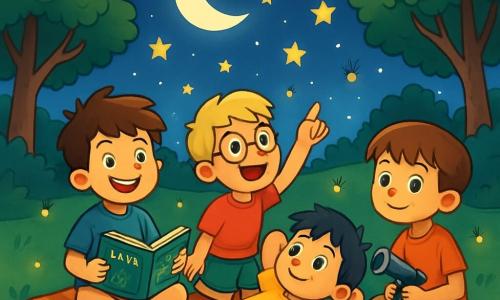 There are 4 children: Sam, a 9-year-old boy with messy brown hair, wearing a blue t-shirt and beige shorts, sitting on a checkered blanket with a radiant smile, holding an adventure book; Max, a 9-year-old boy with blonde hair and round glasses, dressed in a red t-shirt and green shorts, standing next to Sam, pointing at the sky, amazed by the stars; Leo, a 9-year-old boy with black hair and sparkling eyes, wearing a yellow t-shirt and denim shorts, lying on his back with his hands behind his head, dreamily looking at the stars; and Oliver, a 9-year-old boy with brown hair and bangs, dressed in an orange t-shirt and canvas pants, sitting cross-legged, holding a small telescope, ready to observe the constellations. The main setting is a lush garden bathed in the soft light of dusk, surrounded by majestic trees with leaves gently rustling in the wind. The sky is dotted with twinkling stars, and the moon shines with a silvery glow, illuminating the scene with a magical light. The main situation shows the children enjoying an evening of stargazing, sharing laughter and stories under the starry sky, surrounded by nature, with fireflies dancing around them, creating an enchanted and joyful atmosphere.