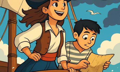 Marília, uma jovem pirata de cerca de 25 anos, está orgulhosamente em pé no convés de seu navio, O Vento do Sul. Ela usa um chapéu decorado com penas coloridas, uma camisa branca larga e um colete de couro marrom, com os olhos brilhando de determinação e excitação. Seus cabelos castanhos, levemente ondulados, flutuam ao vento enquanto ela observa o horizonte com um sorriso ousado. Ao seu lado, Miguel, seu fiel imediato de cerca de 20 anos, está concentrado em um mapa antigo. Ele tem cabelos pretos e curtos, e veste uma camisa listrada e calças de lona, inclinando-se levemente com uma expressão de entusiasmo misturada com preocupação. O navio está rodeado por um mar azul profundo, com ondas brancas espirrando sobre a madeira do convés. Ao fundo, nuvens escuras se acumulam, anunciando uma tempestade iminente, enquanto gaivotas voam acima deles. A cena principal mostra Marília e Miguel se preparando para enfrentar a tempestade que se aproxima, com um sentimento palpável de aventura e desafio no ar. As velas estão içadas e a tripulação se movimenta ao redor deles, criando uma atmosfera dinâmica e cheia de tensão.