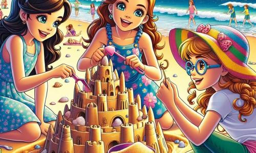 In the foreground, three 10-year-old girls are building a huge sandcastle. Mila, a girl with long brown hair and sparkling eyes, is crouching down, holding a bucket filled with sand. Next to her, Jasmine, with braided hair and a colorful sun hat, is smiling as she adds seashells to the top of the castle. Finally, Lucy, a girl with blonde hair and round glasses, is standing with a shovel, observing their creation with a focused expression. In the background, Sunny Shores beach stretches endlessly, with gentle waves lapping at the shore. The sky is blue and sunny, dotted with a few fluffy white clouds. Families are having fun in the distance, and seagulls are flying above the sparkling water. The main scene shows the three friends united in their project, laughing and sharing ideas to enhance their sandcastle, symbolizing the strength of their friendship.