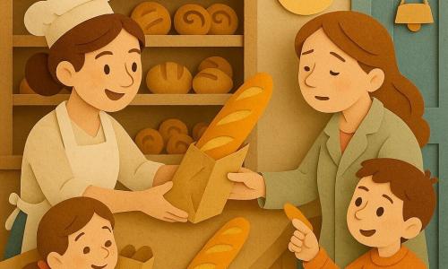 Una panadera sonriente y amable, cabello castaño recogido en moño y delantal blanco con harina, ofrece dos baguettes —una perfecta y otra con una pequeña grieta— a una familia: una madre adulta, cansada pero aliviada, recibe el paquete con ambas manos; a su derecha un niño de unos 7 años señala la baguette perfecta con admiración y a su izquierda una niña de unos 5 años, con chaqueta roja, abraza un pan algo abollado; la pequeña panadería, acogedora, tiene mostrador de madera clara, estanterías con panes y bollería, puerta azul con campanilla, harina espolvoreada y un cartel amarillo que dice «merci», luz cálida y estética de papeles recortados con texturas nítidas y contrastadas.