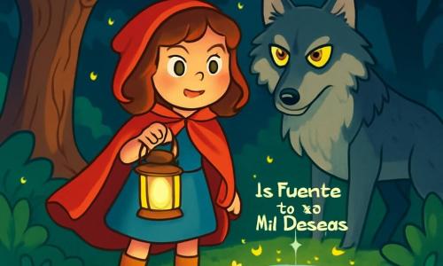 Lucía, una niña de 10 años, se encuentra valientemente en el centro de un claro encantado, con los ojos brillantes de emoción y determinación. Lleva una capa escarlata y sostiene una linterna luminosa que ilumina su rostro de mejillas sonrosadas y cabello castaño ondulado. A su lado, un gran lobo de ojos penetrantes y pelaje gris se mantiene a la expectativa, con un aire amenazante e intrigante. El lugar es un bosque denso, con árboles majestuosos y hojas verdes brillantes, mientras luciérnagas bailan a su alrededor, creando una atmósfera mágica. Lucía está lista para defender la misteriosa Fuente de los Mil Deseos, que brilla en el centro del claro, rodeada de flores luminosas y piedras brillantes, mientras las sombras de los árboles añaden un toque de misterio a este encuentro inesperado.