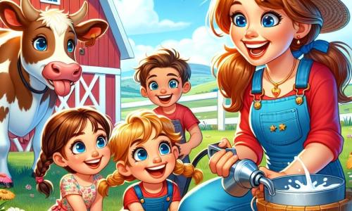 In the center of the image, Lily, a smiling farmer woman with brown hair in a ponytail, is shown wearing blue overalls and a straw hat. She is demonstrating to the children how to milk a cow, with a joyful and enthusiastic expression on her face. To her right, Timmy, an approximately 8-year-old boy with messy blonde hair and a red t-shirt, watches in awe while holding a small metal bucket. On the left, Mia, a 7-year-old girl with braided brown hair and a floral dress, laughs while holding a carrot, ready to feed the animals. The scene takes place on a sunny farm, with a large red barn in the background, surrounded by green fields and colorful flowers dancing in the wind. Peaceful cows graze in the grass, while chickens peck at the ground. The main situation shows Lily teaching the children how to milk a cow, creating a moment of discovery and joy, where the laughter and wonder of the children blend with the sweetness of farm life.