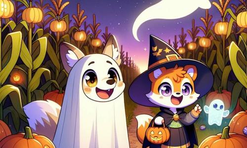 A young fox named Finn, disguised as a ghost with a flowing white sheet, smiles excitedly as he explores a corn maze under a starry sky. Beside him, a small squirrel named Luna, dressed in a witch costume with a pointed hat and sparkling curious eyes, looks around in wonder. In the background, a friendly ghost named Casper, translucent and smiling, floats gently, adding a touch of magic to the scene. The maze is surrounded by tall corn stalks, illuminated by pumpkin-shaped lanterns, creating a warm and mysterious atmosphere. The main focus shows Finn and Luna discovering a hidden treasure at the center of the maze, a small box filled with sparkling candies, as they laugh and marvel at their Halloween adventure.