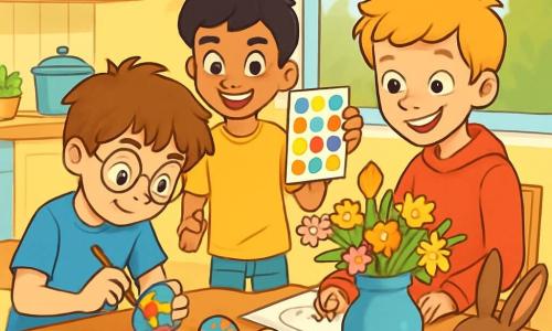 Er zijn 3 personages: - Bram: een 10-jarig jongetje met rommelig kastanjebruin haar en ronde brillen. Hij draagt een blauwe t-shirt en een groene short. Hij leunt over een tafel en schildert een houten ei met felle kleuren. - Sami: een 9-jarig jongetje met zwart, steil haar en een ondeugende glimlach. Hij draagt een gele t-shirt en jeans. Hij staat naast Bram en houdt kleurrijke stickers vast die hij enthousiast toont. - Joep: een 11-jarig jongetje met blond haar en sproeten. Hij draagt een rode sweatshirt en beige broek. Hij zit op een stoel en tekent een groot ei op een vel papier. De situatie speelt zich af in een lichte, uitnodigende keuken met pastelgele muren. De houten tafel is volgeladen met kleurrijke materialen: verfpotten, kwasten en een groot bord vol chocolade-eieren. Papieren slingers versieren de ramen en een groot boeket lentebloemen staat in het midden van de tafel. De jongens zijn vrolijk bezig met het voorbereiden van paaseieren. Ze lachen en wisselen ideeën uit, terwijl een klein konijntje met lange oren en sprankelende ogen hen discreet vanuit een hoekje in de kamer observeert, klaar om hen te helpen bij hun missie.
