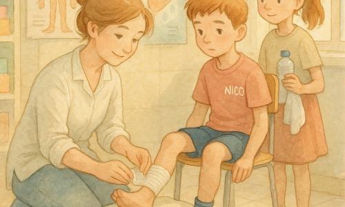 Una médica escolar sonriente pero concentrada, pelo castaño claro recogido en un moño suelto y bata clara ligeramente arrugada, está vendando con manos suaves el pie lesionado; una niña, Marta, de unos 11 años, pelo castaño en coleta, curiosa y aliviada, sostiene una pequeña botella de agua y una toalla a la derecha; un chico, Nico, de unos 12 años, en pantalón corto deportivo azul y calcetín bajado, sentado con la pierna herida sobre un cojín mientras la médica le coloca una venda elástica en el tobillo. Ambientado en el vestuario/rincón de cuidados del colegio: suelo de baldosas claras, alfombra bajo los personajes, estanterías con cajas de apósitos coloridas, carteles pedagógicos en la pared (diagrama del cuerpo, lavado de manos), luz suave de tarde filtrando por una ventana; escena de atención calmada y pedagógica, colores pastel y detalles táctiles como la textura del vendaje, los pliegues del cojín y el brillo sutil del gel blanco en la bata.