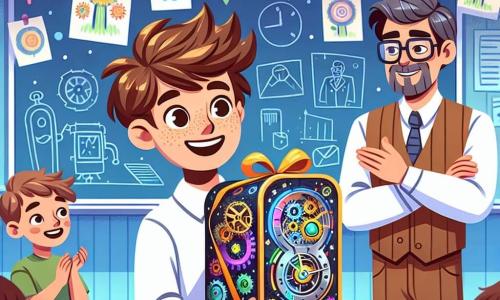 Un ragazzo di 10 anni, con capelli castani disordinati e occhi scintillanti di gioia, si trova al centro dell'immagine, tenendo una grande scatola decorata con colori vivaci e disegni di ingranaggi. Il suo viso irradia eccitazione e orgoglio mentre presenta la sua macchina del tempo a suo padre. Accanto a lui, suo padre, un uomo di una trentina d'anni con una leggera barba e un sorriso caloroso, guarda il figlio con ammirazione, le braccia incrociate, sullo sfondo di un'aula colorata. L'aula è piena di decorazioni festive per la festa del papà, con disegni di bambini appesi alle pareti e palloncini che fluttuano sul soffitto, creando un'atmosfera gioiosa e accogliente. La scena principale mostra il ragazzo che presenta orgogliosamente la sua scatola magica a suo padre, circondato da compagni di classe che lo osservano con curiosità e meraviglia, mentre l'insegnante, una donna sorridente con occhiali, applaude sullo sfondo.