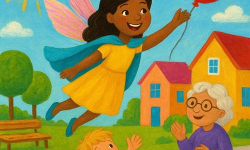 Superheldin Lila Licht is vrolijk en lief, met een brede glimlach en fonkelende ogen; ze draagt rozegouden glinsterende vleugels, een korte turquoise cape en een zonnige gele jurk en reikt naar een rode ballon; een 4‑jarige jongen met rommelig blond haar kijkt verrast en blij en steekt zijn handen naar haar uit terwijl hij op het gras staat; een glimlachende oude vrouw met een bloemenmand applaudisseert op het trottoir naast een kleurrijk huis; het plein heeft pastelkleurige huizen, ronde groene bomen, rode en blauwe bloemen, een houten bank en een lichte blauwe hemel; Lila vliegt met uitgespreide vleugels en pakt zachtjes de ontsnapte ballon terwijl gouden zonnestralen door dunne witte wolken schijnen, warme en veilige sfeer.